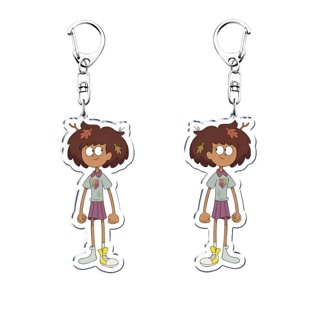 Clear acrylic amphiblia anime keychain with brown-haired character in school uniform shown from front and back views