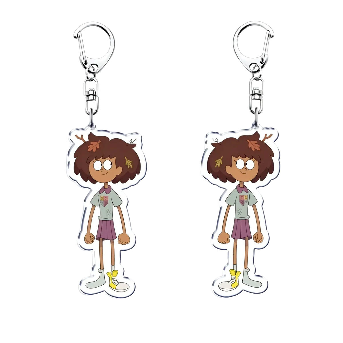 Clear acrylic amphiblia anime keychain with brown-haired character in school uniform shown from front and back views