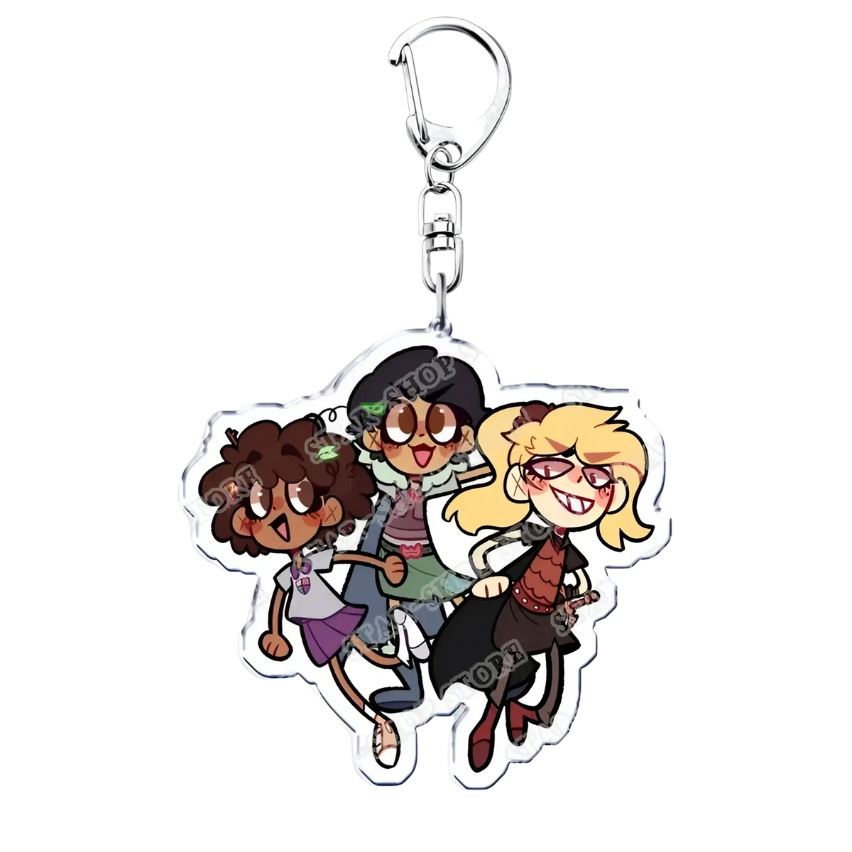 Clear acrylic Amphibia anime keychain featuring three cartoon characters with distinct outfits and expressions