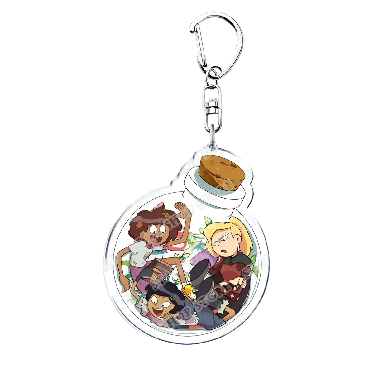 Clear acrylic amphibia anime keychain featuring cartoon characters inside a bottle with a cork stopper licensed design