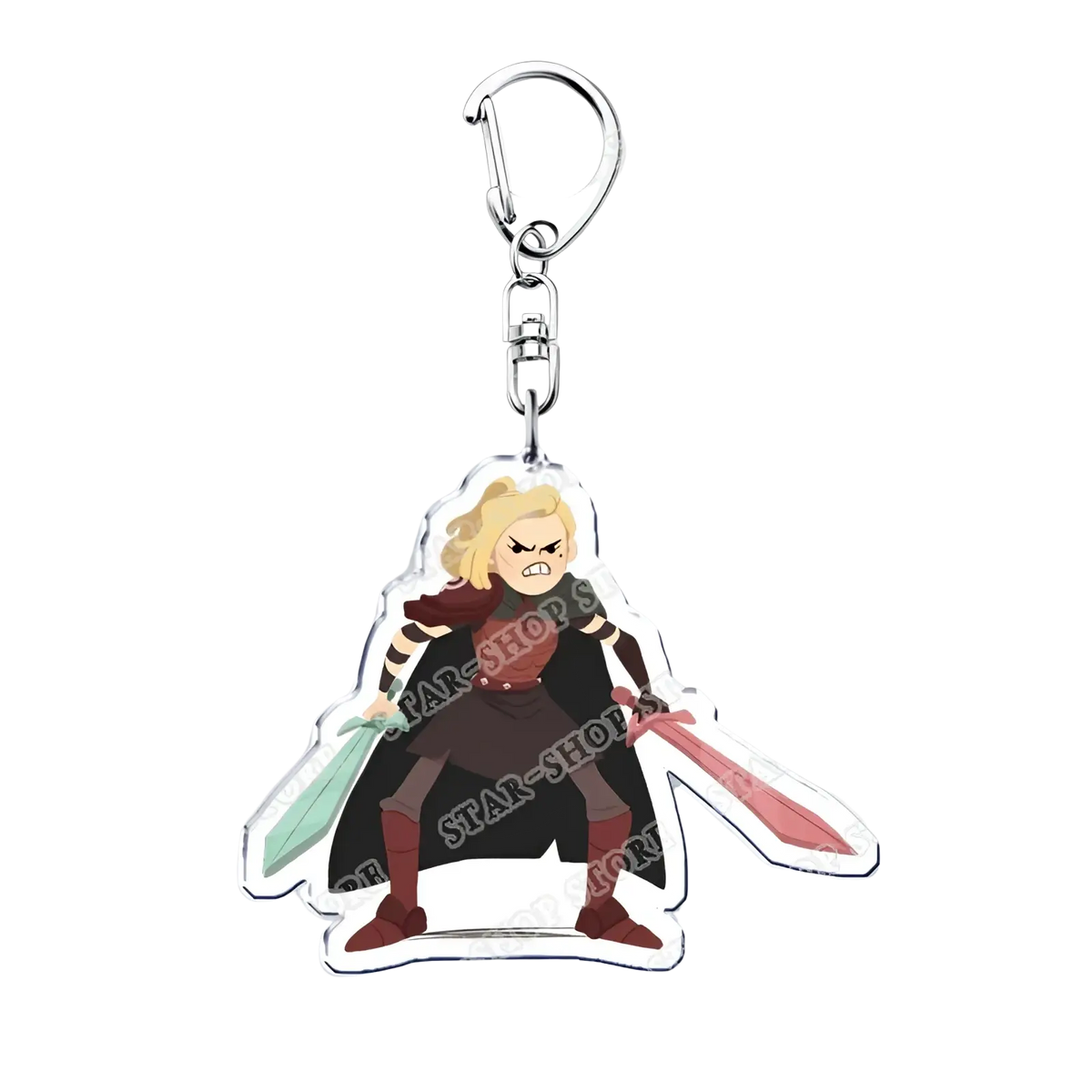 A clear acrylic amphibia anime keychain featuring a cartoon blonde warrior with black and red outfit holding two swords
