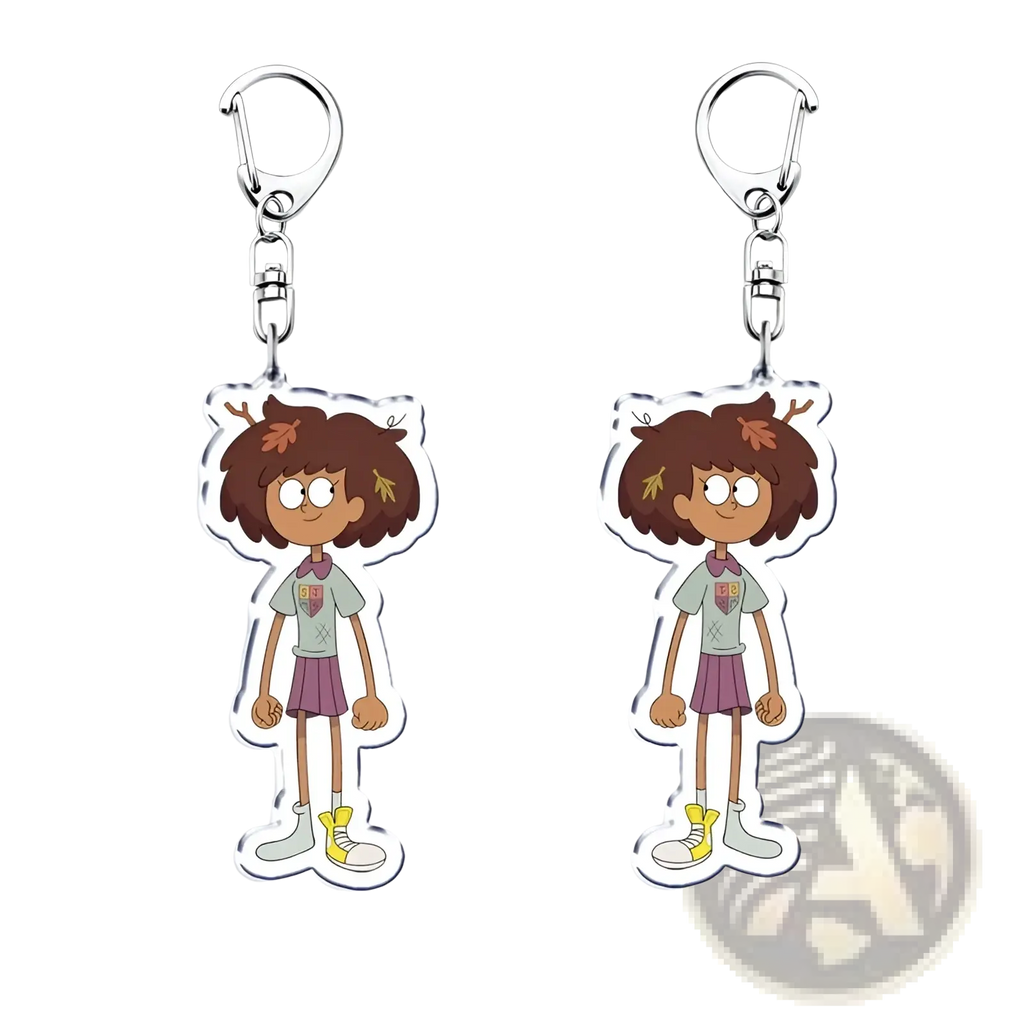 Clear acrylic amphiblia anime keychain with brown-haired character in school uniform shown from front and back views