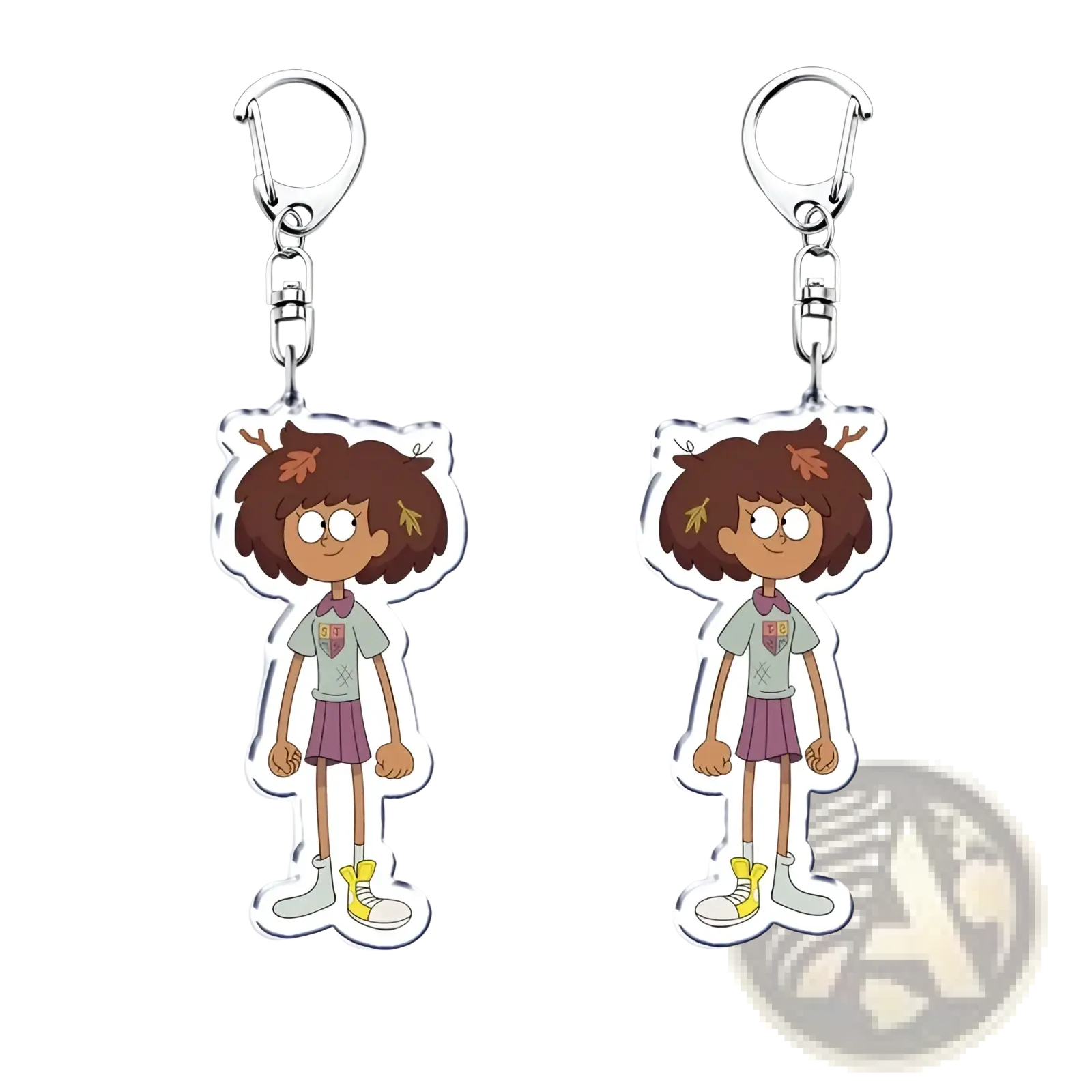 Clear acrylic amphiblia anime keychain with brown-haired character in school uniform shown from front and back views