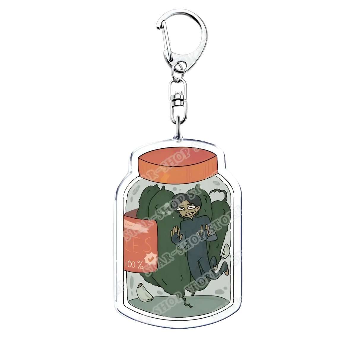 Clear acrylic amphibia anime keychain jar with orange lid and cartoon character illustration featuring 100 percent text