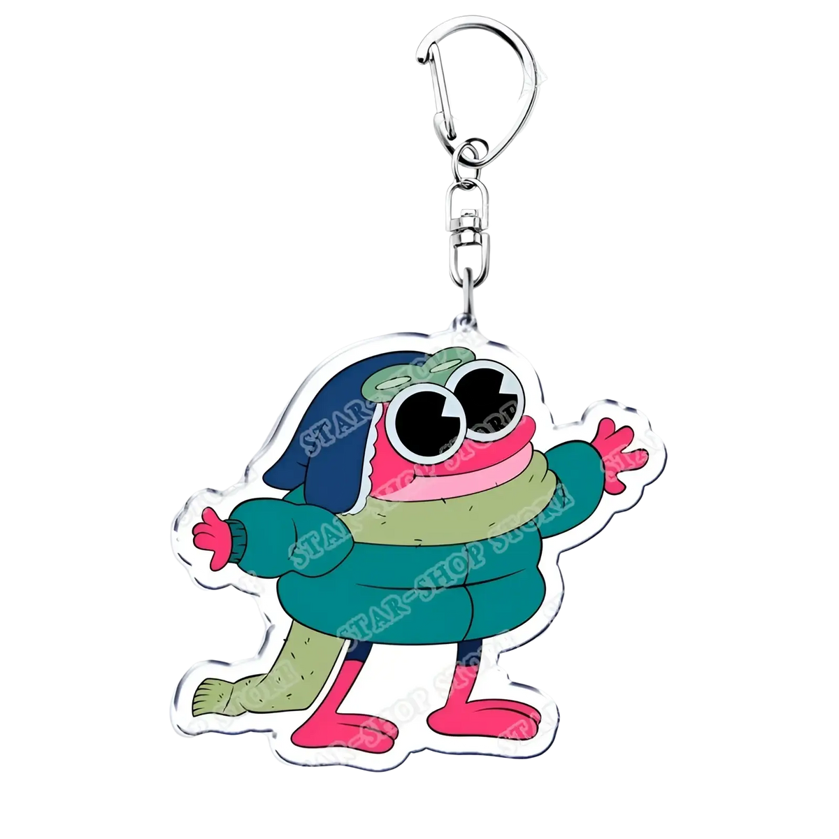Colorful cartoonish frog-shaped amphibia anime acrylic keychain with silver metal clasp and chain accessory