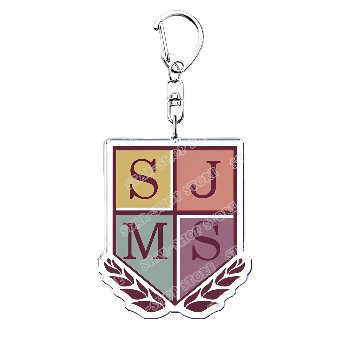A metallic acrylic amphibia anime keychain with a shield emblem in yellow peach teal and maroon quadrants with letters s j m s