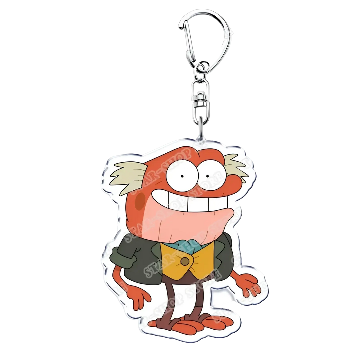 Orange amphibian anime acrylic keychain featuring a cartoon character in green jacket yellow bowtie and white eyes
