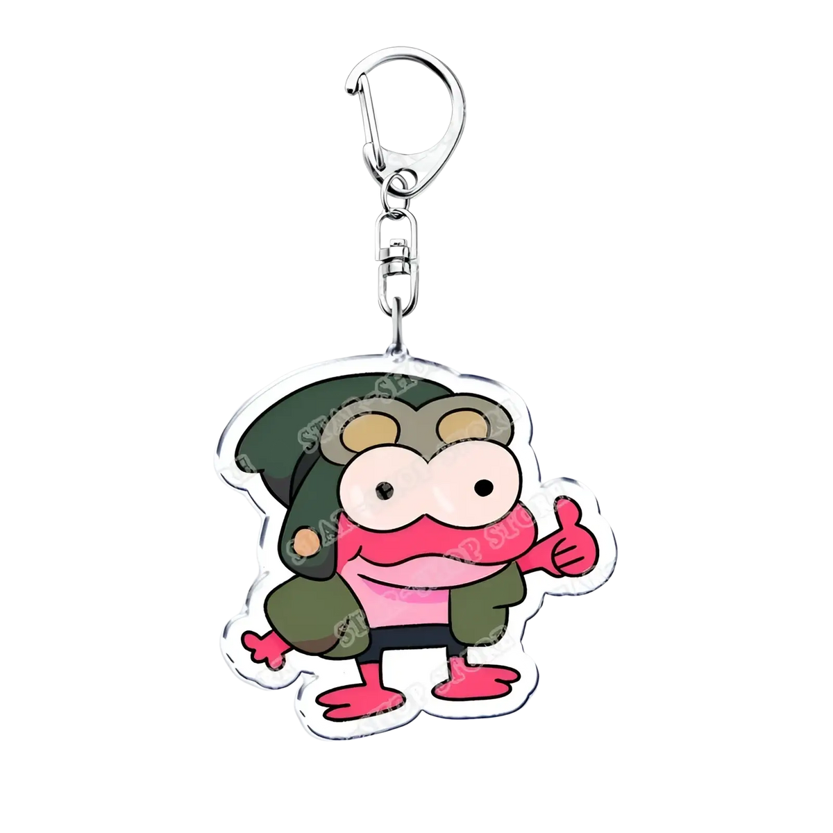 Amphibia anime acrylic keychain featuring a pink cartoon frog with green military gear and a silver metal clasp
