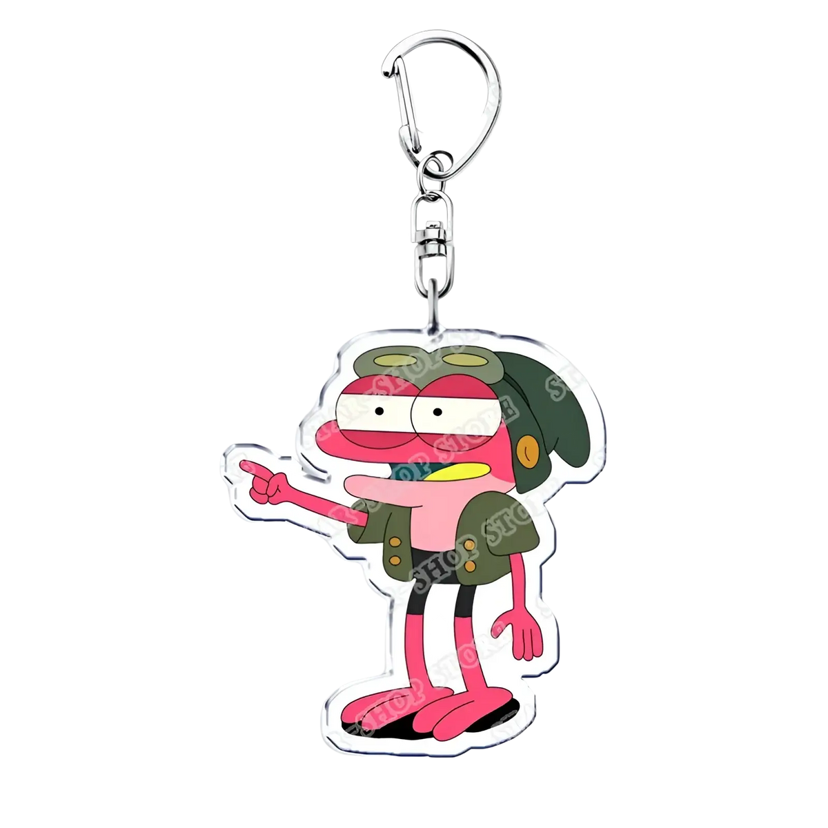Amphibia anime acrylic keychain featuring a pink and green cartoon character with a silver metal clasp keyring