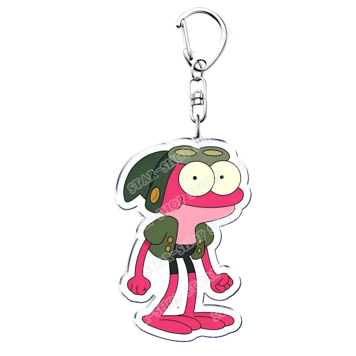 Pink and green cartoon frog amphibia anime acrylic keychain with clear body and silver metal clasp for keys