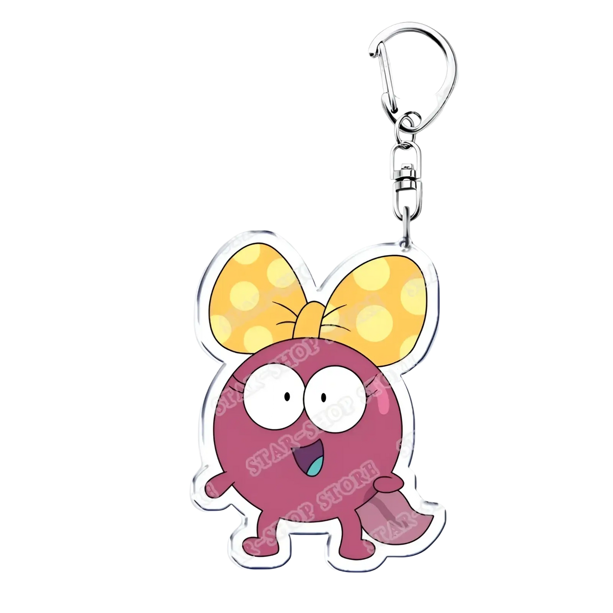 Amphibia anime acrylic keychain featuring a pink round cartoon character with yellow polka-dot bow and silver clip