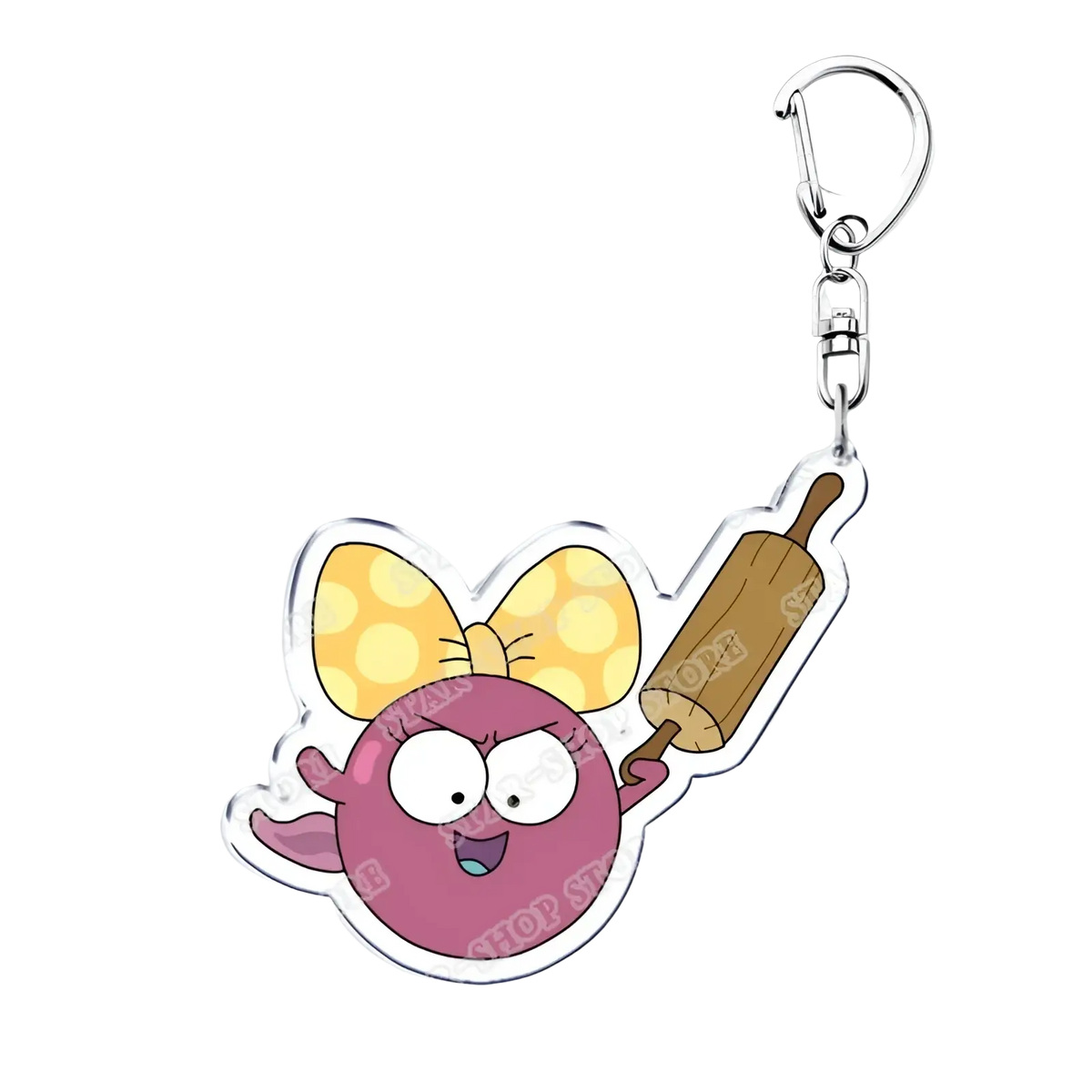 Amphibia anime acrylic keychain featuring a pink round cartoon character with a yellow polka-dot bow holding a rolling pin