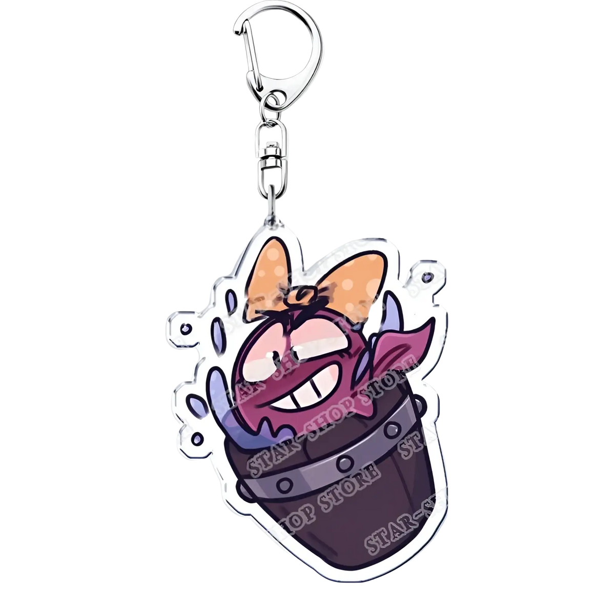 A purple cartoonish character with a bow and sharp teeth on an Amphibia anime acrylic keychain design
