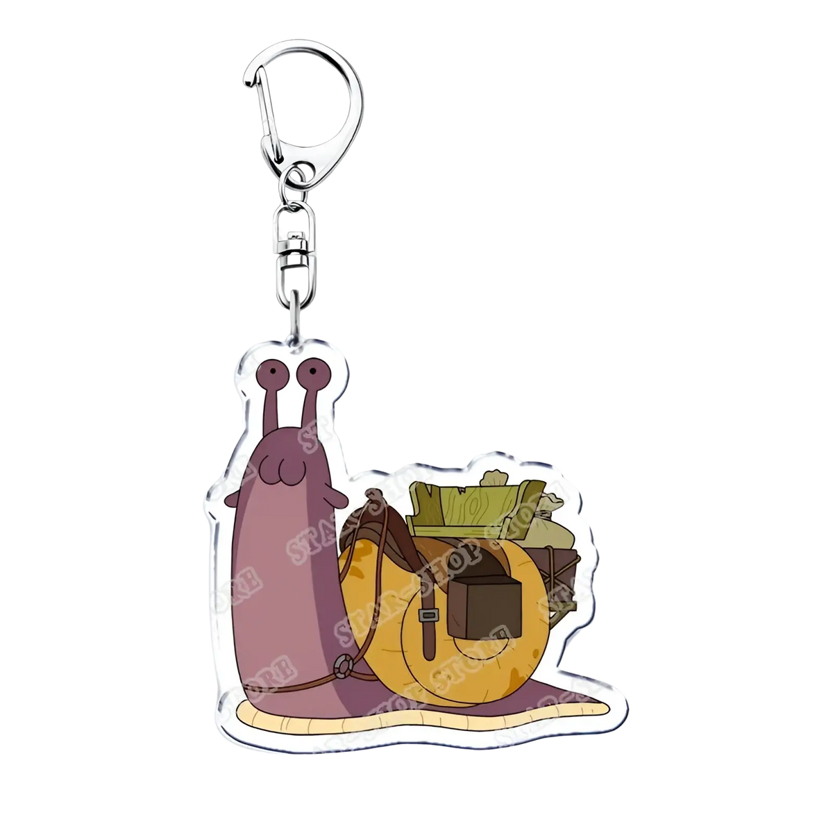 Purple cartoon snail amphibia anime acrylic keychain with yellow shell and green backpack for decorative use