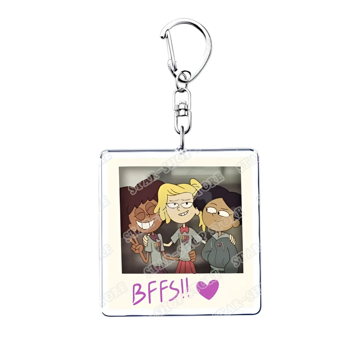 Square-shaped amphibia anime acrylic keychain with silver clasp featuring three cartoon characters and bffs text with purple heart