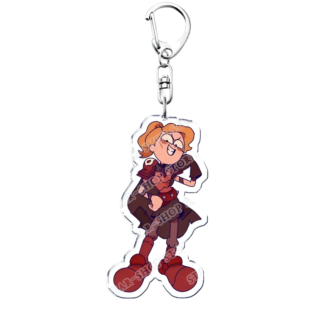 A translucent acrylic amphibian anime keychain featuring a cartoon character with orange hair glasses and red boots
