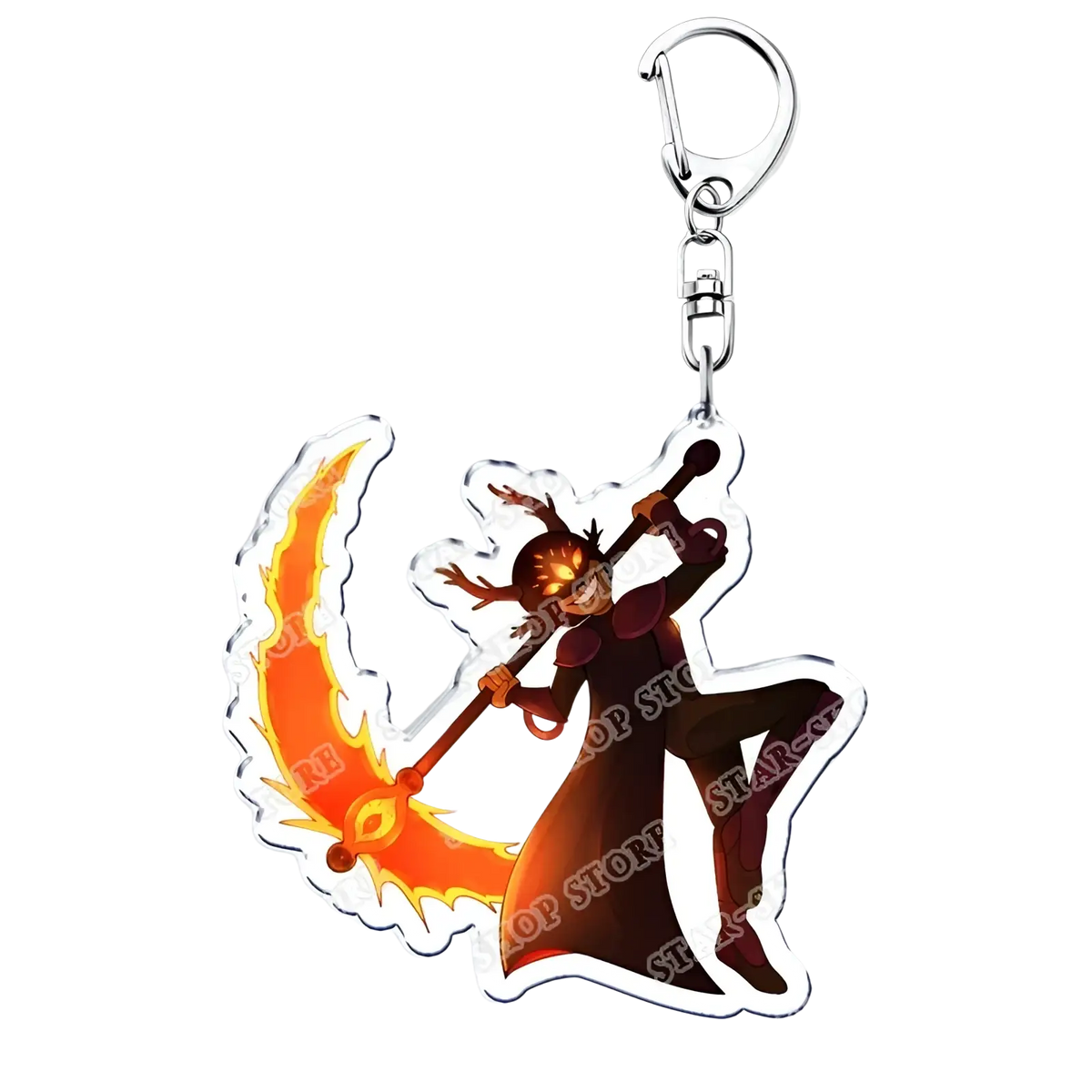 A translucent orange and black acrylic Amphibia anime keychain featuring a character with antlers wielding a flaming scythe