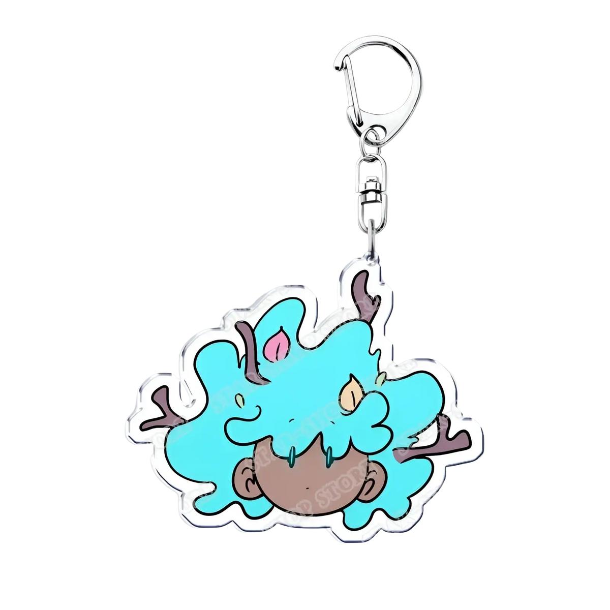 Amphibia anime acrylic keychain featuring a turquoise and brown cartoon character with a silver metal clasp
