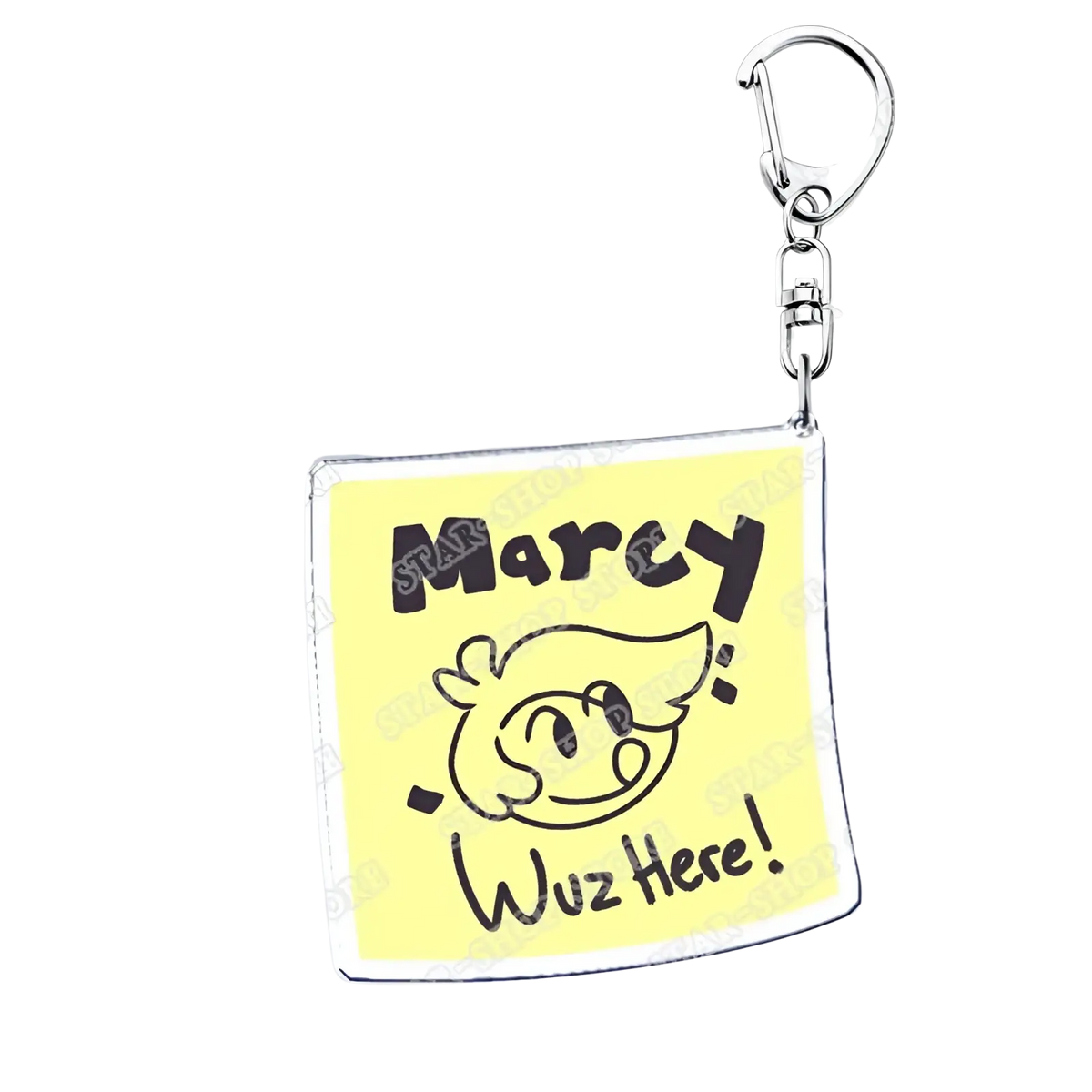 Yellow acrylic amphibiana anime keychain featuring cartoon character with text marcy wuz here on a square tag