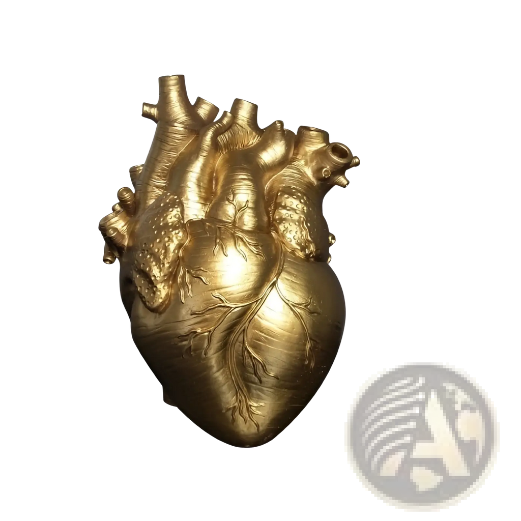 Golden anatomical heart vase with detailed vein and artery textures made of nordic resin sculpture flower pot