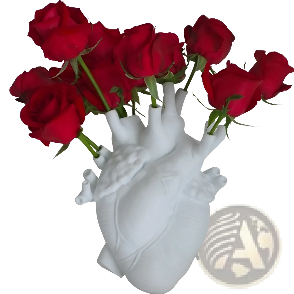 White anatomical heart vase made of Nordic resin holding vibrant red roses as a decorative flower pot