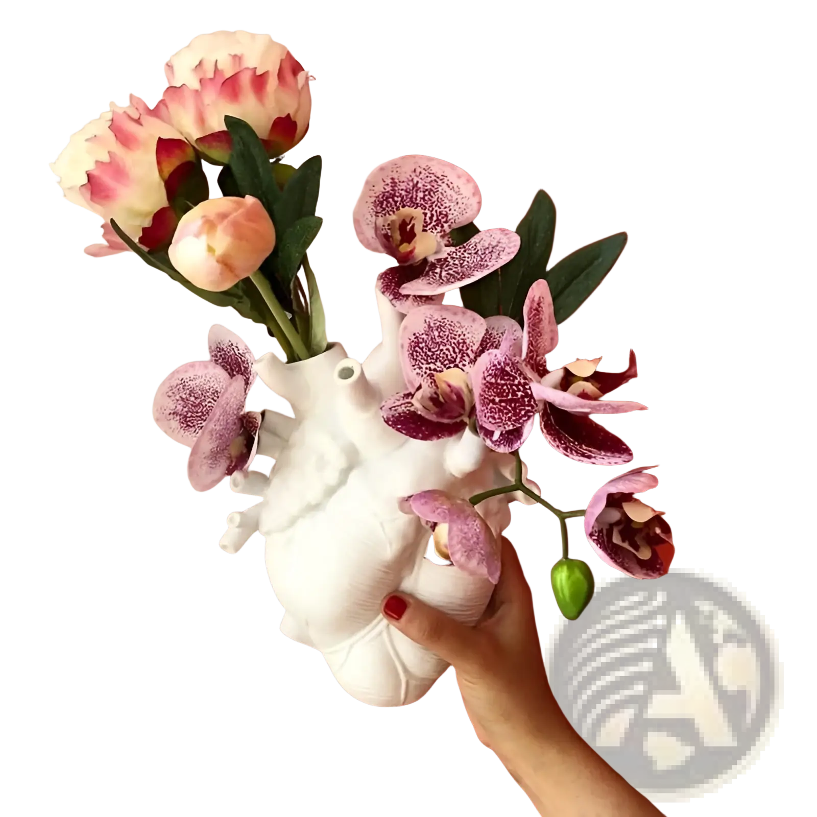 White ceramic anatomical heart vase holding pink and white orchids and roses for Nordic resin sculpture decor