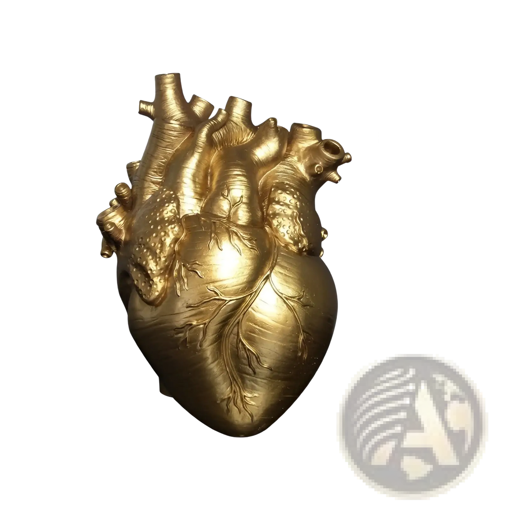 Golden anatomical heart vase Nordic resin sculpture with detailed vein and artery textures for flower pot use