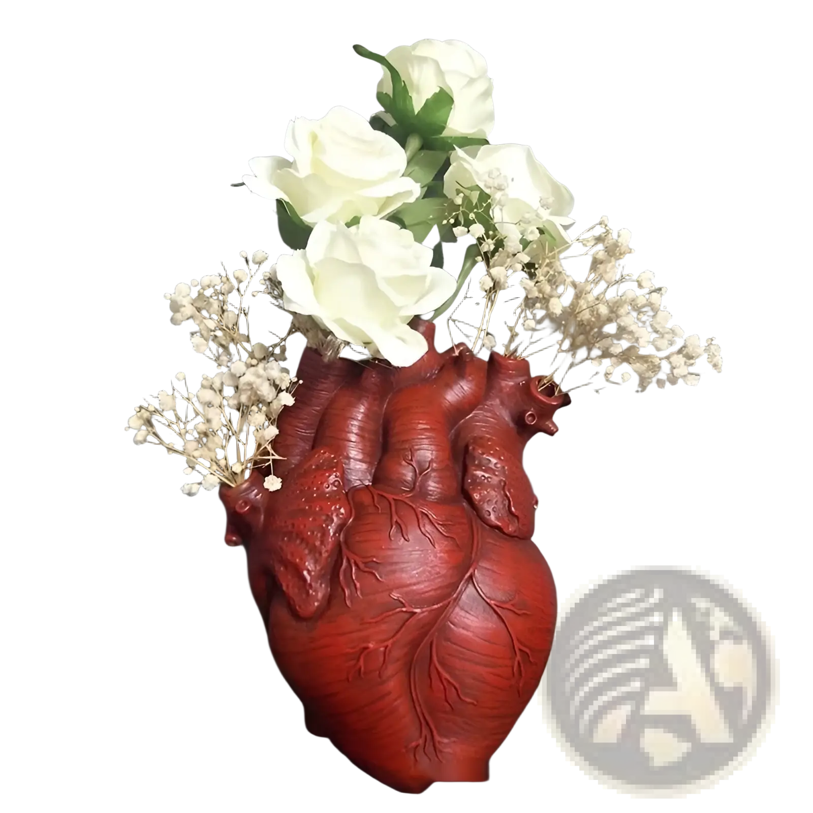Red anatomically detailed resin heart vase holding white roses and baby’s breath for flower display