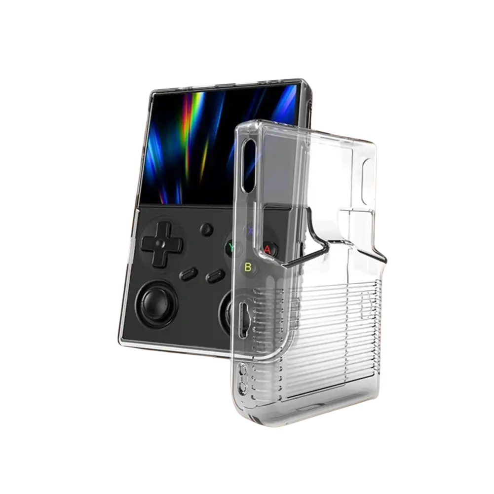 Clear transparent tpu protective case for anbernic rg 35xxpro game console with textured grips and precise cutouts
