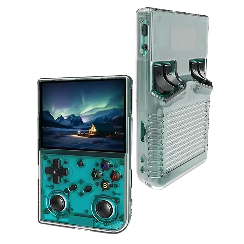 Transparent teal anbernic rg 35xxpro game console with clear tpu protective case showing internal components and buttons