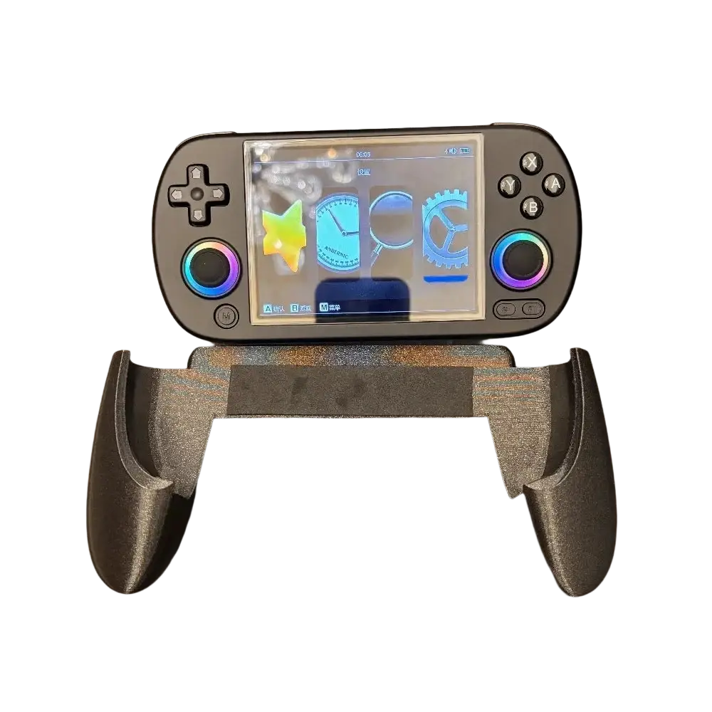 Black anbernic rg40xx handheld gaming console with colorful illuminated analog sticks on ergonomic grip handle