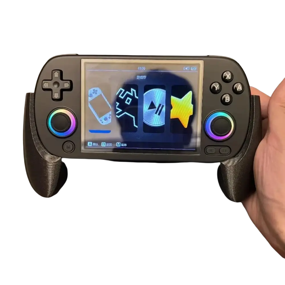 Black anbernic rg40xx handheld gaming console with ergonomic design rgb-lit analog sticks and touchscreen display