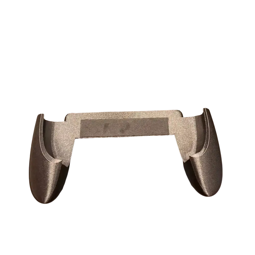 Gray 3d-printed ergonomic handheld grip with curved handles and central bar for anbernic rg40xx controllers