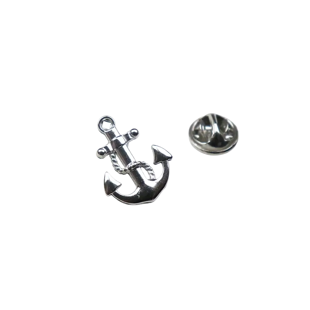 Silver metal anchor lapel pin with rope detail suitable for men’s suit brooch accessory