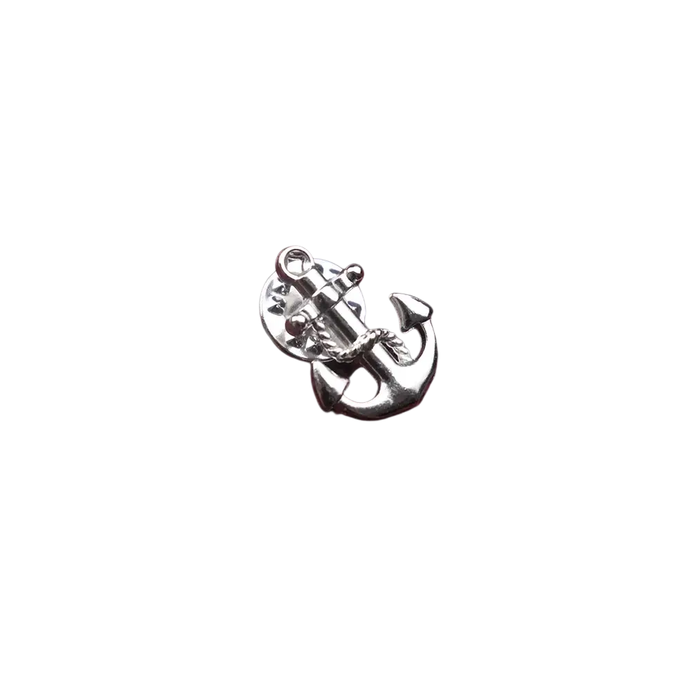 Silver anchor lapel pin for men with polished metal finish and detailed rope-wrapped design for suits and brooches