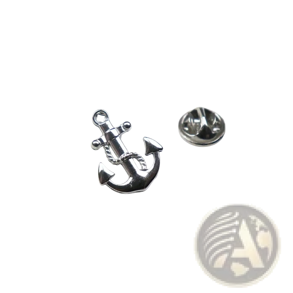 Silver metal anchor lapel pin with rope detail suitable for men’s suit brooch accessory