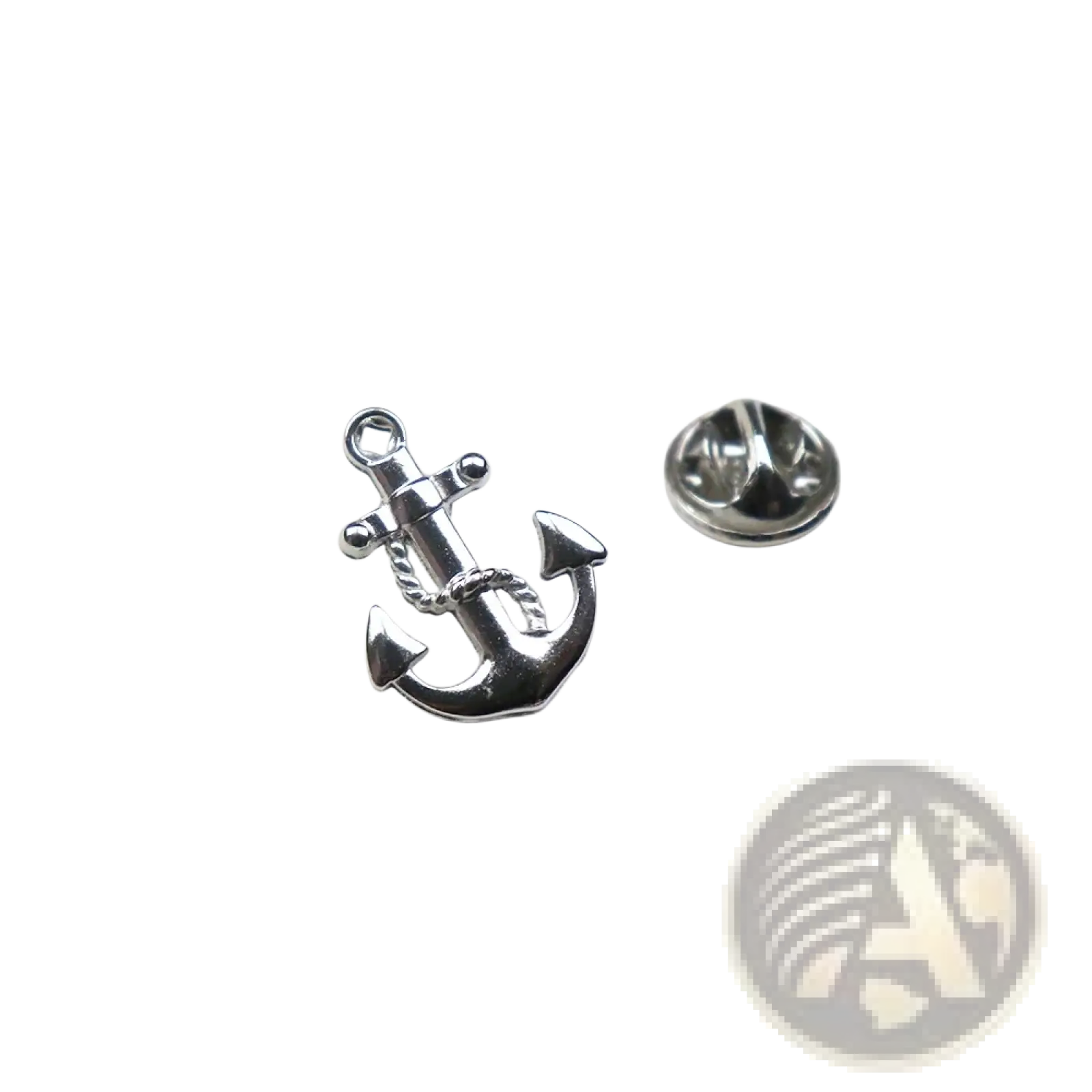 Silver metal anchor lapel pin with rope detail suitable for men’s suit brooch accessory