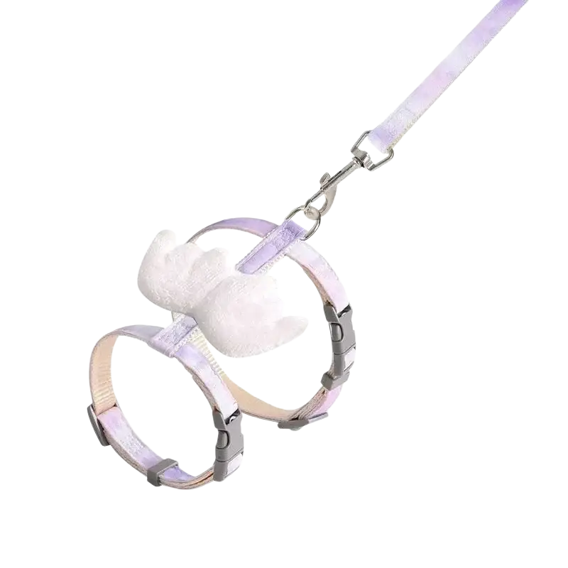 Angel Wing cat harness and leash set with delicate lavender and white iridescent fabric and silver metal buckles