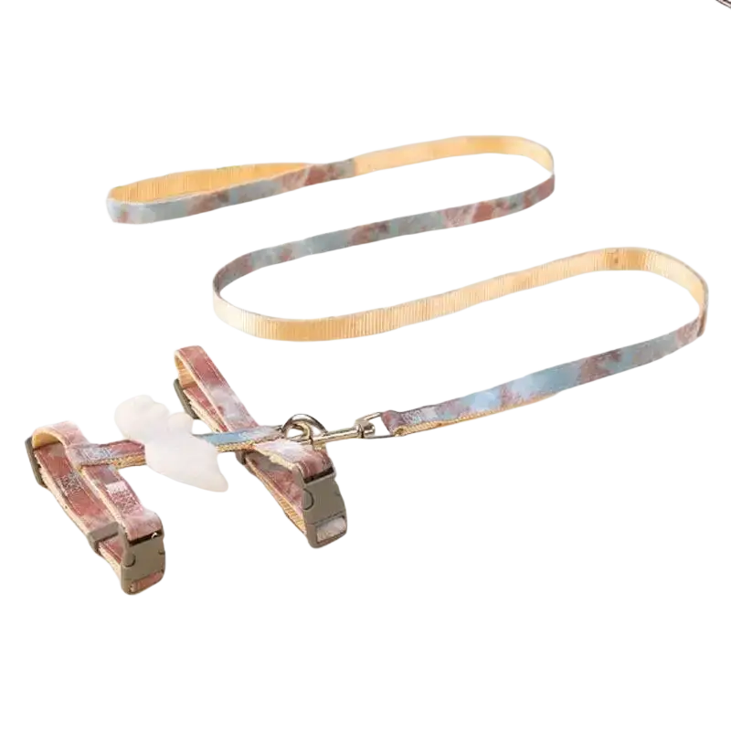 Angel wing cat harness and leash set with delicate rose pattern in soft pastel tones and subtle sheen