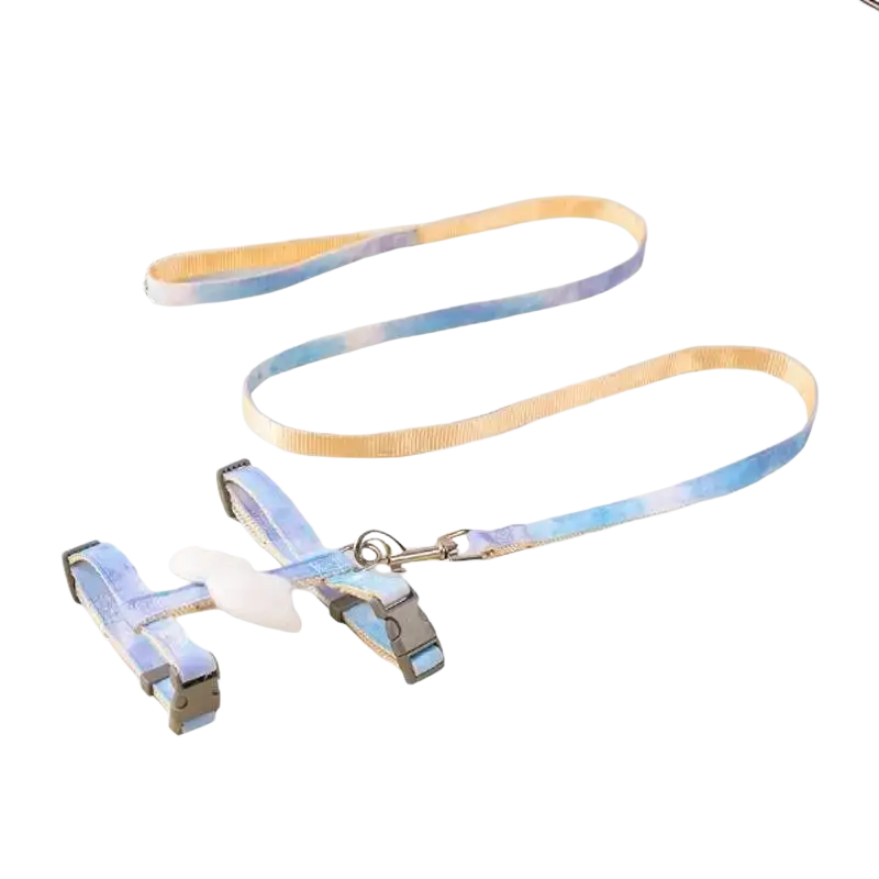 Angel wing cat harness and leash set featuring pastel blue and gold tie-dye fabric with metallic hardware