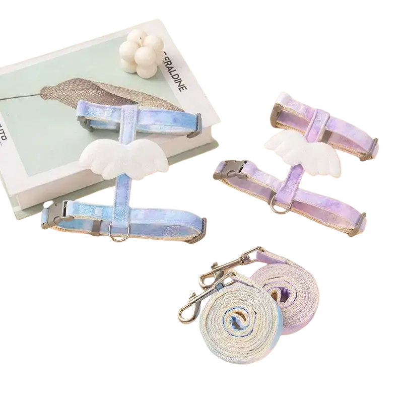 Angel wing cat harness and leash set in pastel blue and lavender with white wing charms for comfortable pet wear
