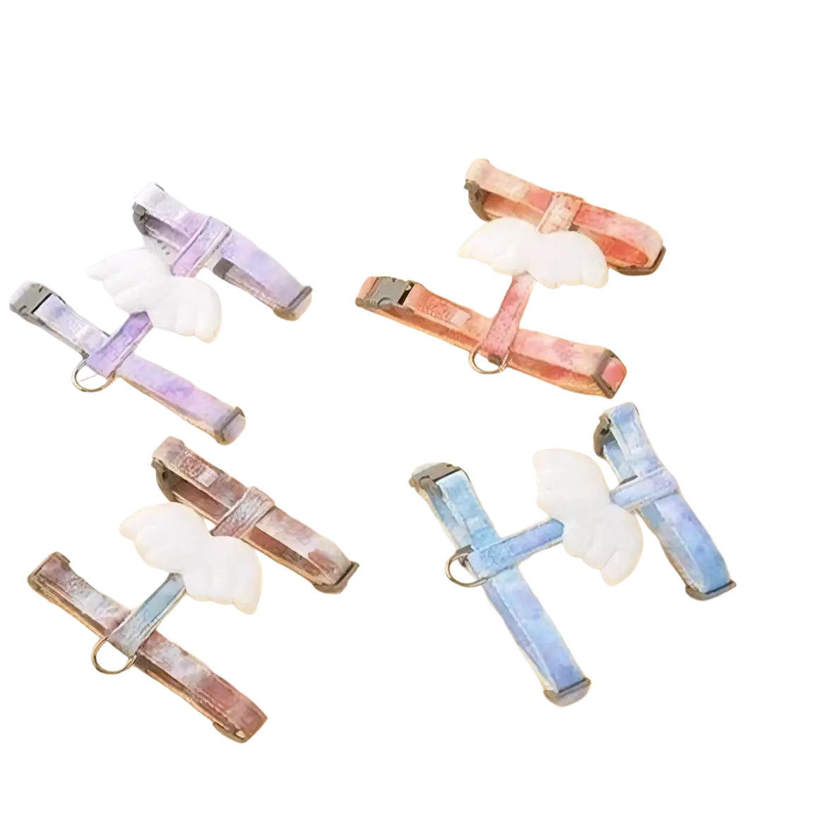 Pastel-colored cat harness and leash set with white angel wing charms designed for comfortable pet safety