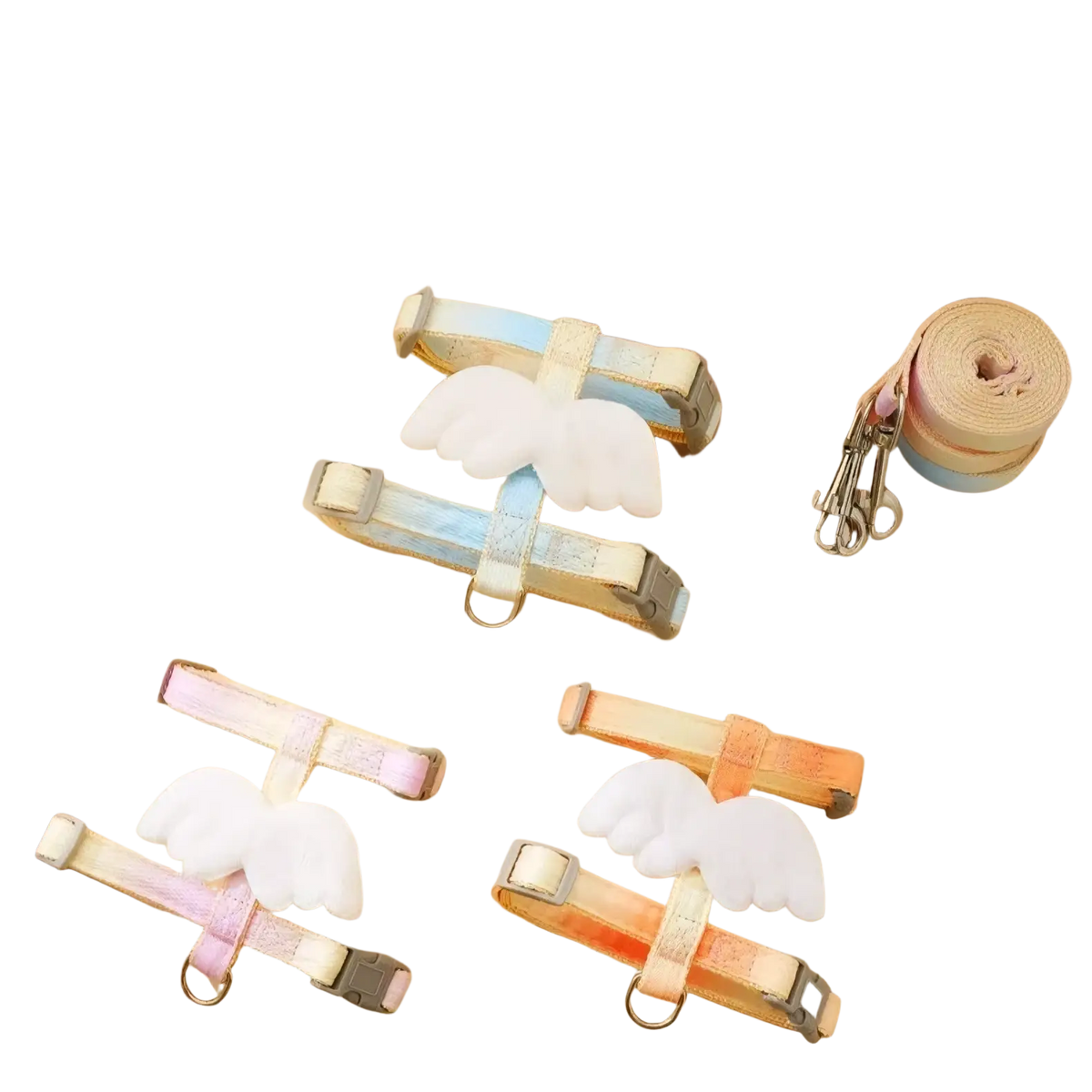 Pastel-colored angel wing cat harness and leash set with white wing attachments designed for small pets