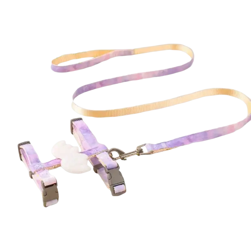 Pastel purple and gold gradient angel wing cat harness and leash set with soft fabric and metallic hardware