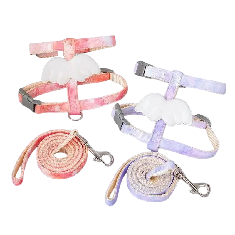 Pastel tie-dye angel wing cat harness and leash set with white cloud-shaped charms in soft breathable fabric