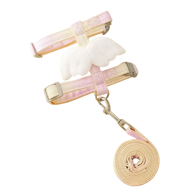 Angel wing cat harness and leash set in pink and cream with adjustable metal buckles and white angel wing charm