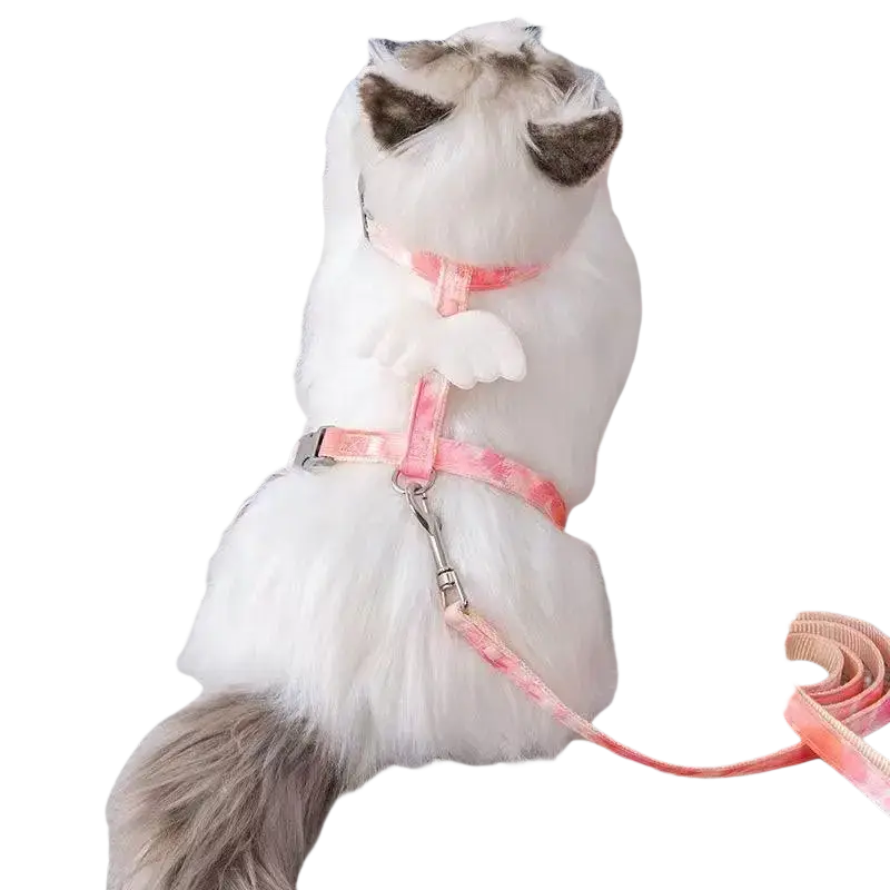 Pink floral-patterned angel wing cat harness with silver metal hardware designed for comfortable pet walking