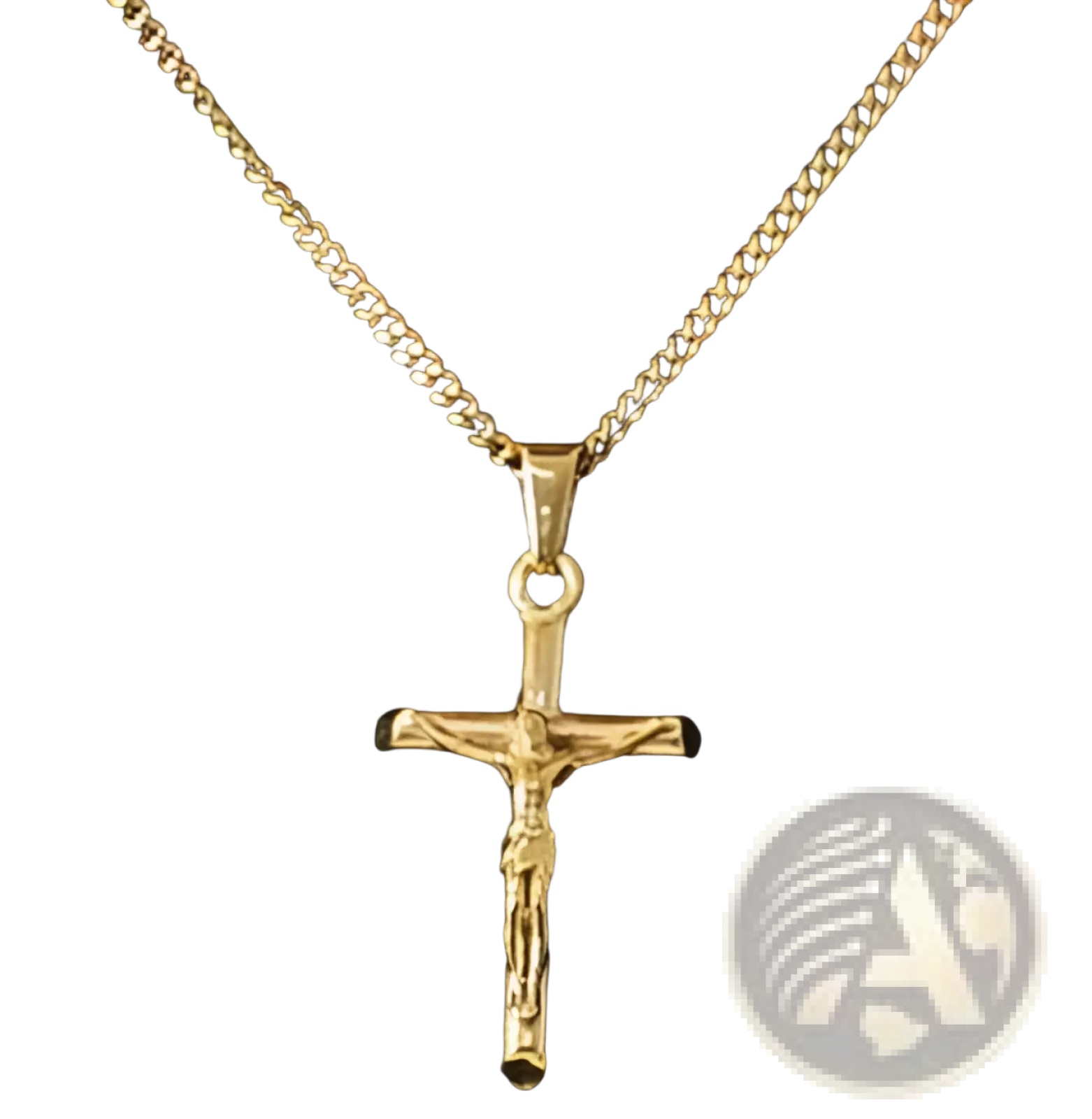 Gold crucifix pendant with detailed christ figure on cross hanging from matching gold chain in angel wing and compass necklace set