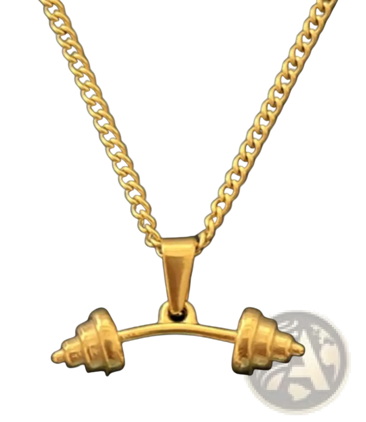 Gold-colored barbell pendant made of metal hanging from a matching gold chain in angel wing and compass pendant necklace
