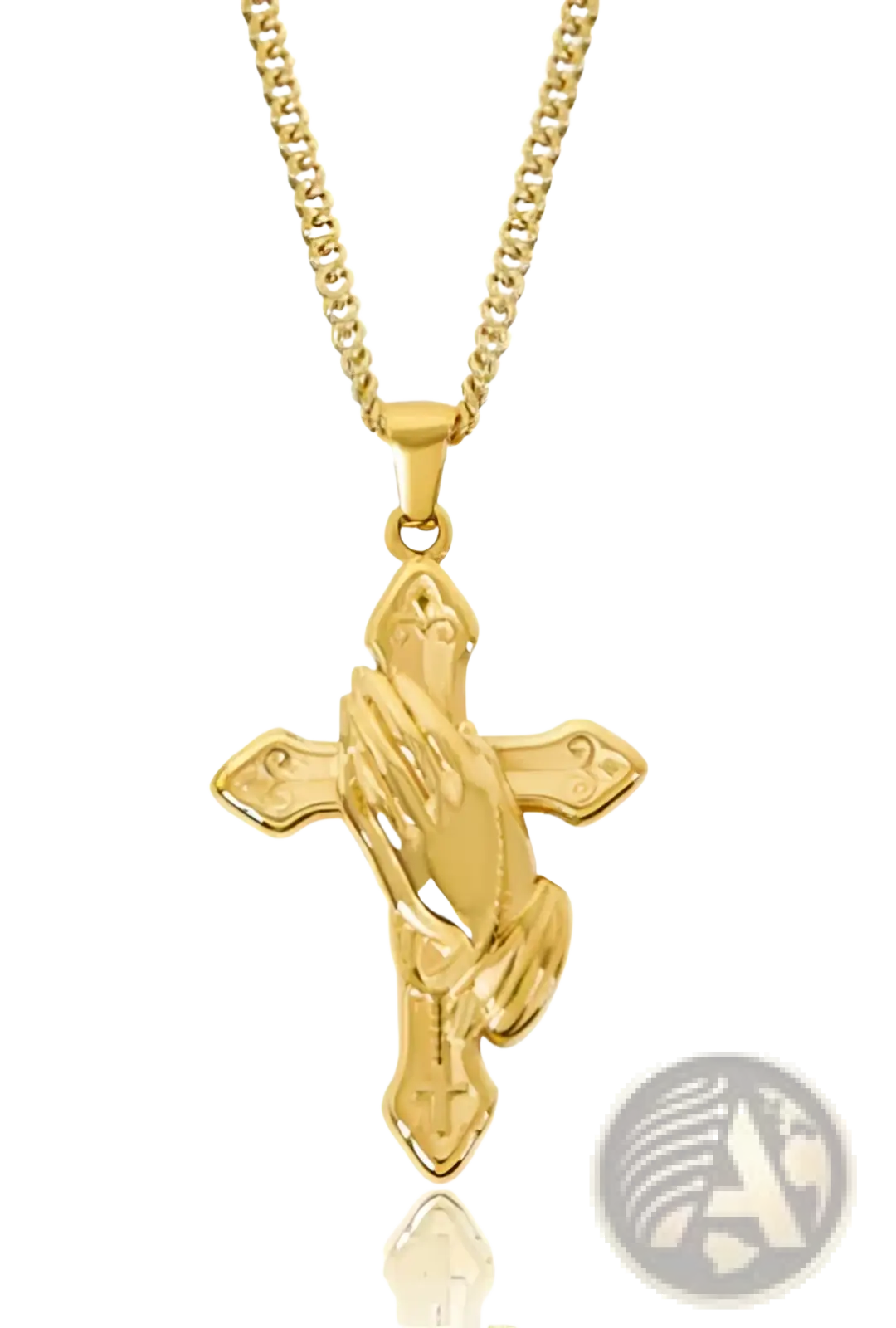 Gold cross pendant necklace with detailed praying hands design on polished metal, paired with matching gold chain